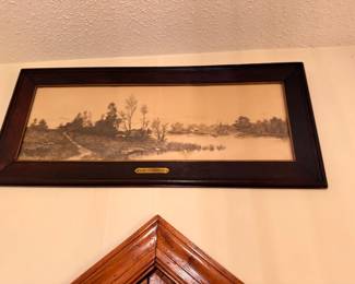 Antique Framed Landscape Etching Print Brass Nameplate