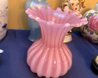 Pink Blue Ruffled Art Glass Vases Victorian Style Vintage Decorative Pair