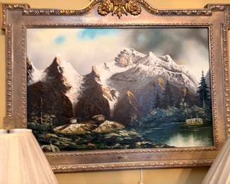 Oil Painting Mountain Landscape Cabin Snow Peaks Pine Trees Ornate Gilt Frame Art