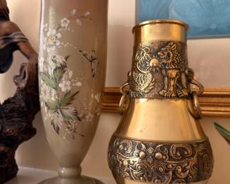 Brass Ornate Vase Floral Enamel Design Frosted Glass Vase Pair Decorative Vintage