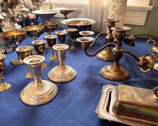 Silver Candelabra Goblets Chalices Brass Serving Pieces Silverplate Collection Lot