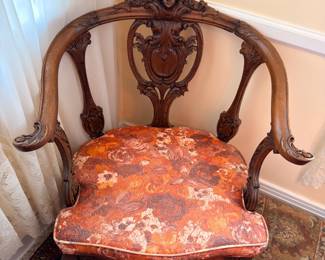 Carved Victorian Parlor Chair Floral Upholstery