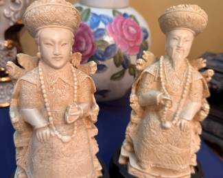 Carved Resin Figurines Pair Asian Man Woman Statues Dark Wood Bases Collectible