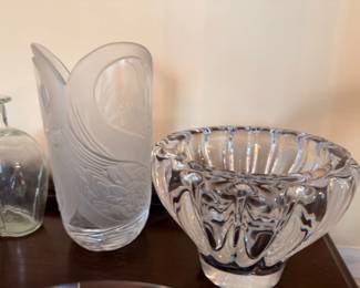 Frosted Glass Pitcher Crystal Swirl Bowl Art Glass