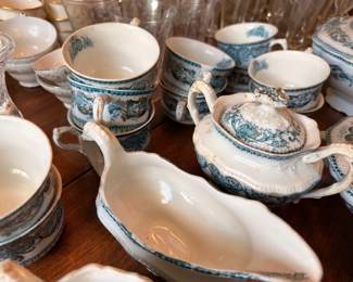 Blue White Transferware Sugar Bowl Cups Gravy Boat