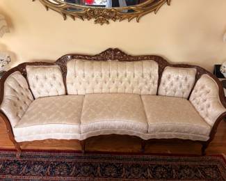 Antique Victorian Sofa Carved Mahogany Frame Cream Satin Upholstery Oriental Rug