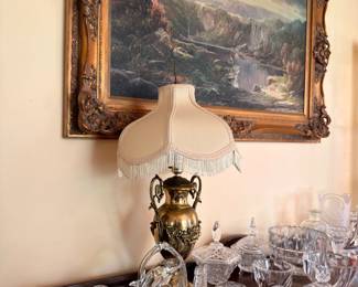 Brass Lamp Crystal Glassware Gold Framed Landscape Painting