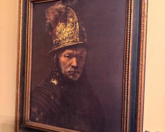 Oil Painting Portrait Man Gold Helmet Rembrandt Style Ornate Gilt Frame Antique