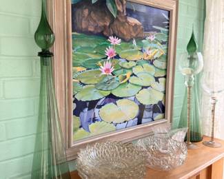 Water Lily Oil Painting Framed Green Glass Vases Console