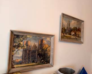 Pair European Cathedral Cityscape Prints Framed