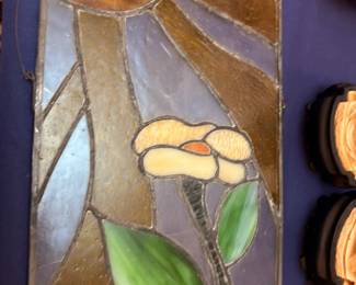Stained Glass Panel Floral Design Amber Green Flower Art Nouveau Window Decor