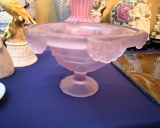 Pink Frosted Glass Compote Pedestal Bowl Satin Finish Vintage Decorative Art
