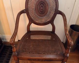 Antique Cane Back Armchair Carved Wood Frame