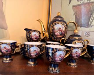 Cobalt Blue Gold Porcelain Tea Set Cherub Scenes