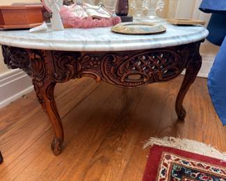 Carved Wood Marble Top Victorian Coffee Table