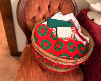 Christmas Gift Basket Holiday Decor Cards Ornaments Red Green Seasonal Lot Victorian Chair