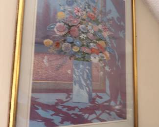 Framed Floral Still Life Oil Painting Flowers Vase Gold Frame Dark Background Wall Art Vintage