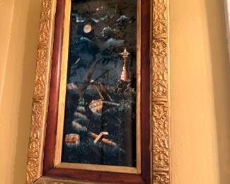 Antique Shipwreck Moonlight Oil Painting Ornate Gold Frame