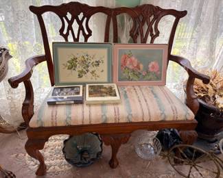 Chippendale Carved Settee Bench Floral Prints