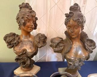 Bronze Female Bust Sculptures Pair Art Nouveau Patina Figural Antique Statues