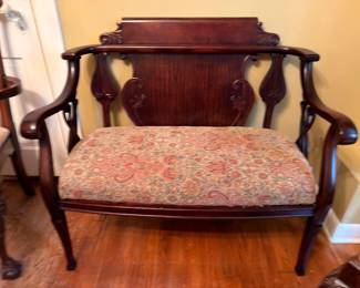 Antique Victorian Settee Loveseat Mahogany Carved Wood Floral Upholstered Bench