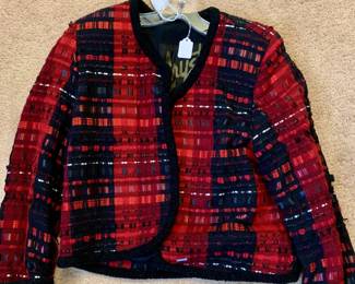 Red Plaid Sequined Jacket Black Collar