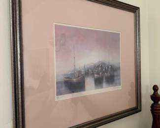 Framed Harbor Ship Scene Watercolor Painting