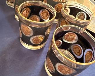 Gold Trimmed Black Coin Medallion Glasses Tumblers Vintage Barware Cocktail Set