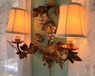 Gold Tole Wall Sconce Grape Leaf Motif Shades