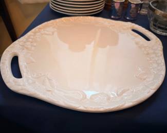 White Embossed Ceramic Serving Platter Handles Floral