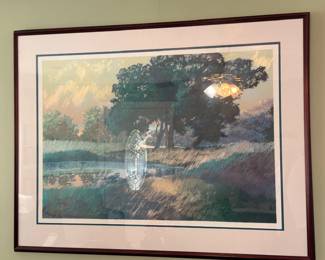 Framed Landscape Print Sunset Trees Water Matted Dark Wood Frame Wall Art