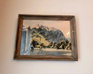 Framed European Castle Cityscape Painting Wood Frame
