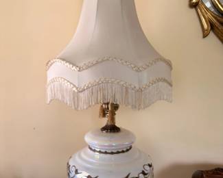 Victorian Table Lamp Fringed Shade Painted Glass Base Brass Accent Antique Lighting