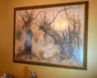 Oil Painting Winter Landscape Bare Trees Sunset Snow Scene Ornate Gilt Frame Art