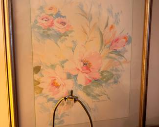 Framed Watercolor Floral Painting Pink Peach Flowers