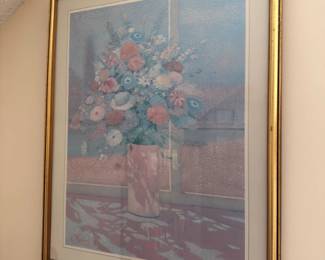 Framed Floral Still Life Print Flowers Vase Gold Frame Wall Art Roses Pastel Colors Vintage Decor