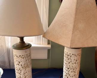 White Ceramic Pierced Table Lamps Pair Fabric Shades Silverplate Tray Vintage