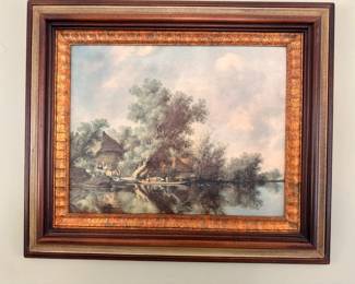 Oil Painting Cottage Lake European Pastoral Scene Ornate Wood Frame Antique Art