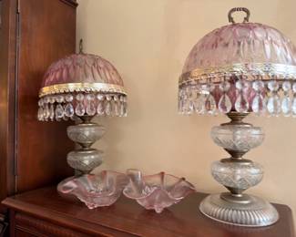 Pair Victorian Pink Glass Lamps Crystal Prisms