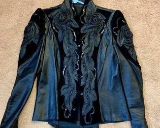 Black Leather Jacket Rosette Ruffle Detail