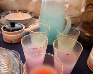 Vintage Frosted Pastel Drinking Glasses Gold Rim Barware Set