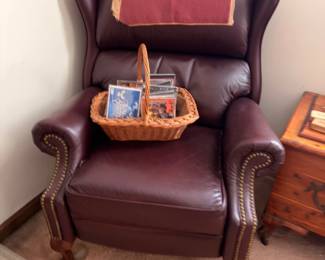 Leather Wingback Recliner Chair Burgundy Brown Nailhead Trim Embroidered Pillow Living Room Furniture