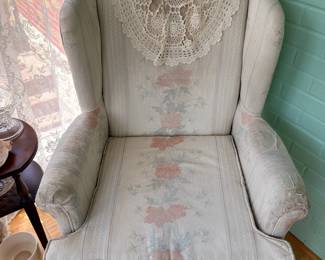 Upholstered Wingback Chair Floral Fabric Crochet Doily