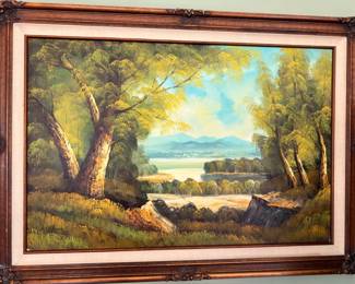 Oil Painting Landscape Trees River Mountains Ornate Gilt Frame Large Canvas Art