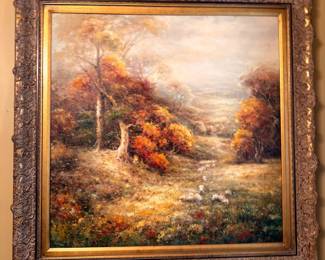 Oil Painting Autumn Landscape Forest Stream Golden Trees Ornate Gilt Frame Art