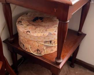 Antique Side Table Dark Wood Turned Legs Lower Shelf Hat Boxes Vintage End Table Bedroom Furniture