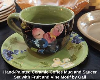 HandPainted Ceramic Coffee Mug and Saucer Set with Fruit and Vine Motif by Gail Pittman
