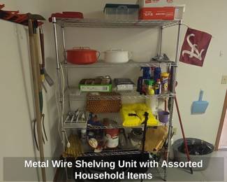 Metal Wire Shelving Unit with Assorted Household Items
