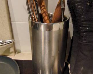 Stainless Steel Utensil Holder with Wooden Utensils and Oven Mitt