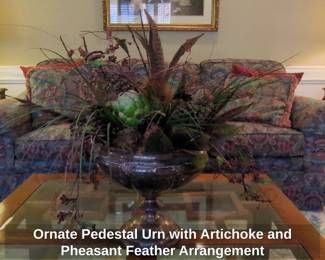 Ornate Pedestal Urn with Artichoke and Pheasant Feather Arrangement